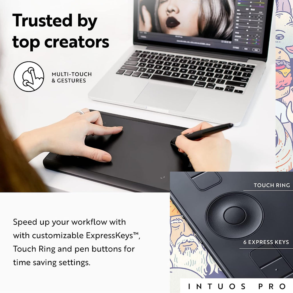 Wacom Intuos Pro Drawing Tablet, Small 10.6' x 6.7' Wireless Graphics Art Tablet with Pro Pen 2 & Touch Ring, Digital Drawing Pad for Mac and Windows PC