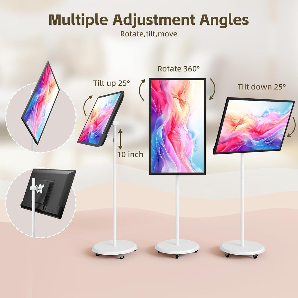 MWE 43 Inch Portable TV on Wheels, Large Screen Rolling TV, Smart Display with Adjustable Stand, Android OS, USB/HDMI/Type-C Port, All-in-One Entertainment Center