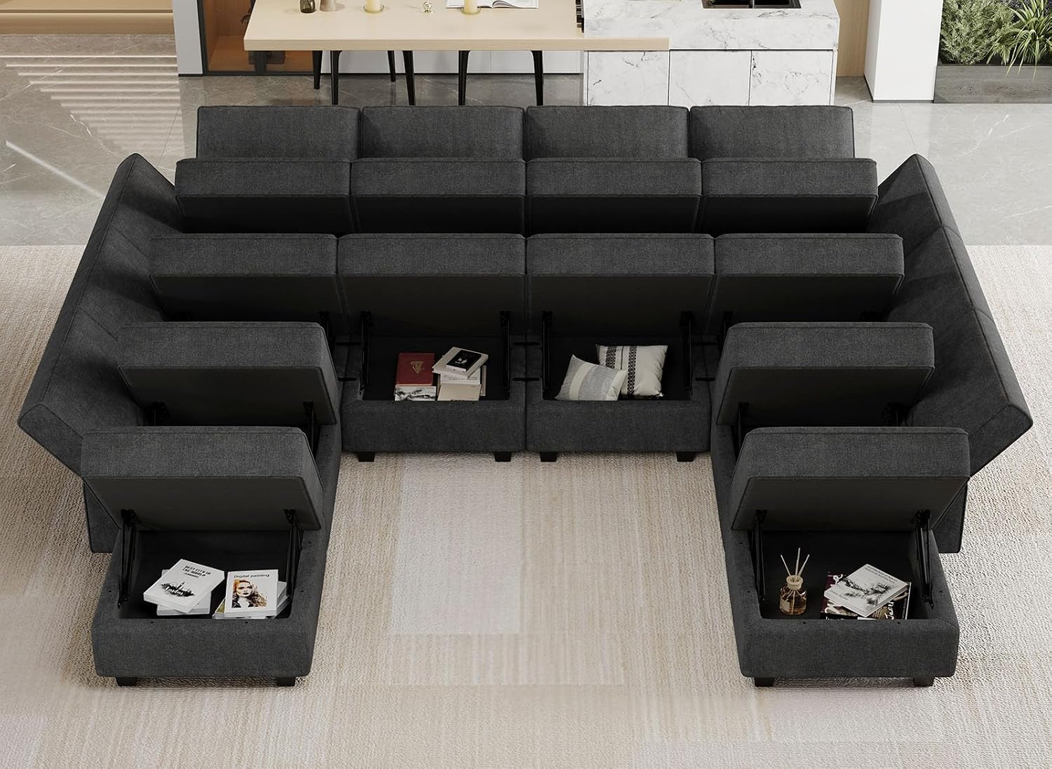 Belffin Terry Fabric Oversized U Shaped Sectional Sofa with Chaise Modular Sectional Sofa Couch for Living Room Convertible Sleeper Bed. Black Couch