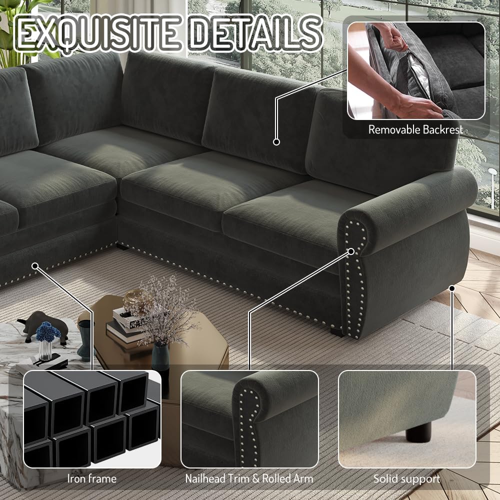 88.2'' Pull Out Couch Bed King, L Shaped Convertible Sleeper Sofa, 4-Seater Couches with Rivet Armrests, 3 Pillows, Chenille Upholstery, Futon Sofa Bed for Living Room, Apartment, Dark Grey