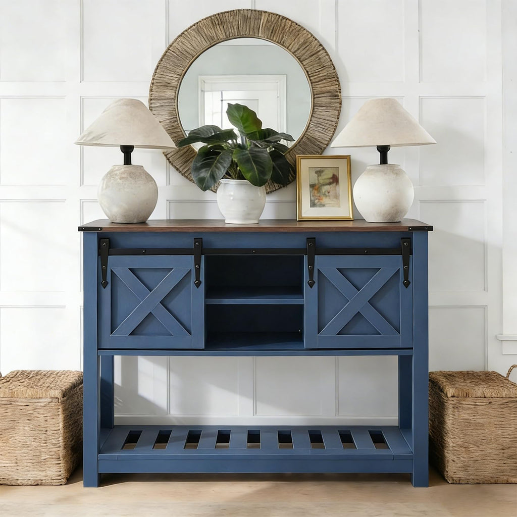 Farmhouse Entryway Table with Sliding Barn Doors, Wood Console Table with Storage Shelf, Rustic Sofa Table for Living Room, Entryway, Foyer, Blue
