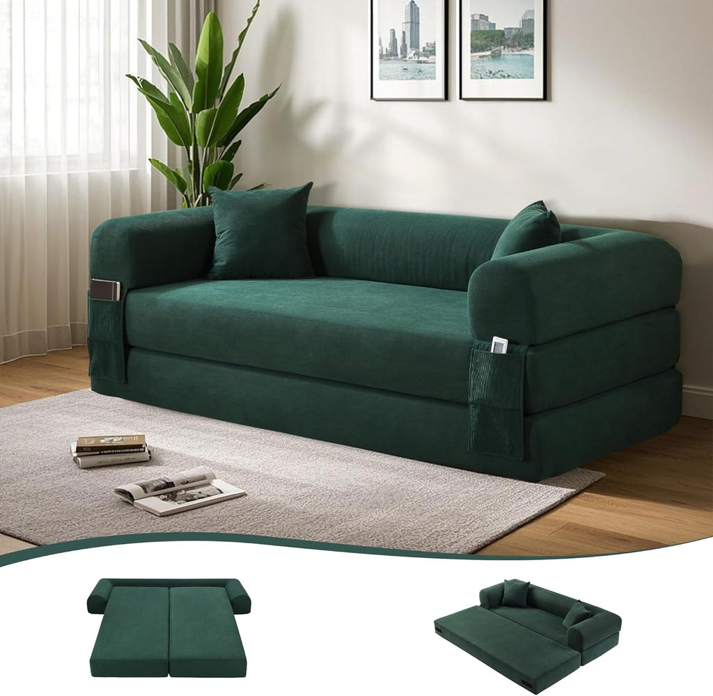 80' Convertible Sofa Bed, 3-in-1 Corduroy Folding Pull Out Couch with Pillows, No Assembly Modern Boneless Couch Compression Sofa in Box, Floor Sofa with Side Storage Pocket for Living Room,Dark Green