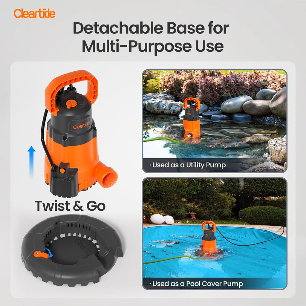 Cleartide Smart Automatic Water Pool Cover Pump, Submersible Pump Removes Water from Inground/Above Ground Winter Swimming Pools, 1/4 HP 2160 GPH, Auto On/Off & Freeze Protection, 25ft Cord, 120V AC