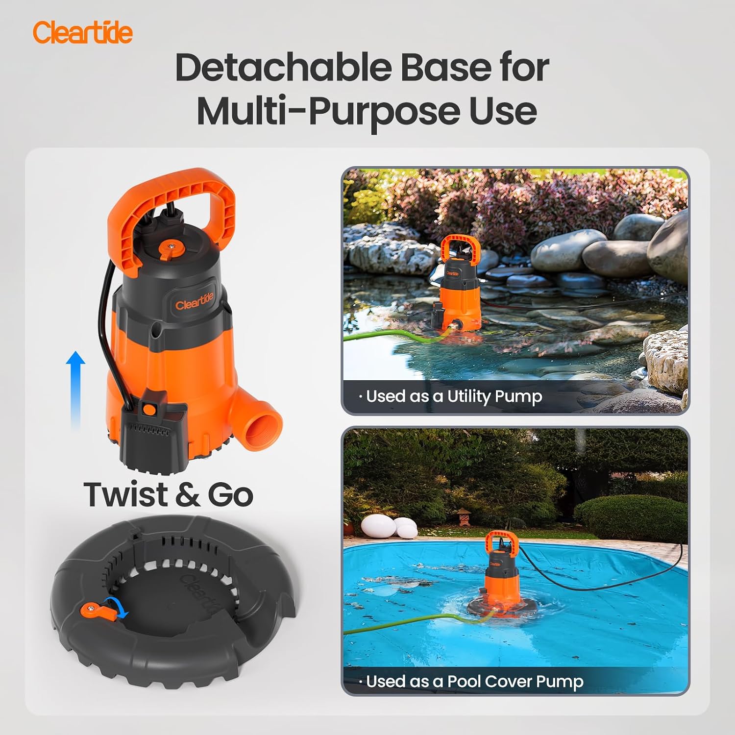 Cleartide Smart Automatic Water Pool Cover Pump,Submersible Pump Removes Water from Inground/Above Ground Winter Swimming Pools, 1/3 HP 2790 GPH, Auto On/Off & Freeze Protection, 25ft Cord, 120V AC