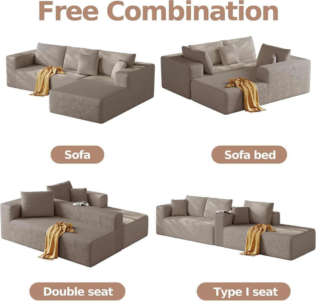 CHORRO108''Sectional Boneless Cloud Sofa,Modern Modular L-Shape Couch for Living Room,Corduroy Convertible Sponge Sleeper Sofas,Upholstered Lougne Chaise Couchs-with Soft Pillow(Camel,Right Chaise)