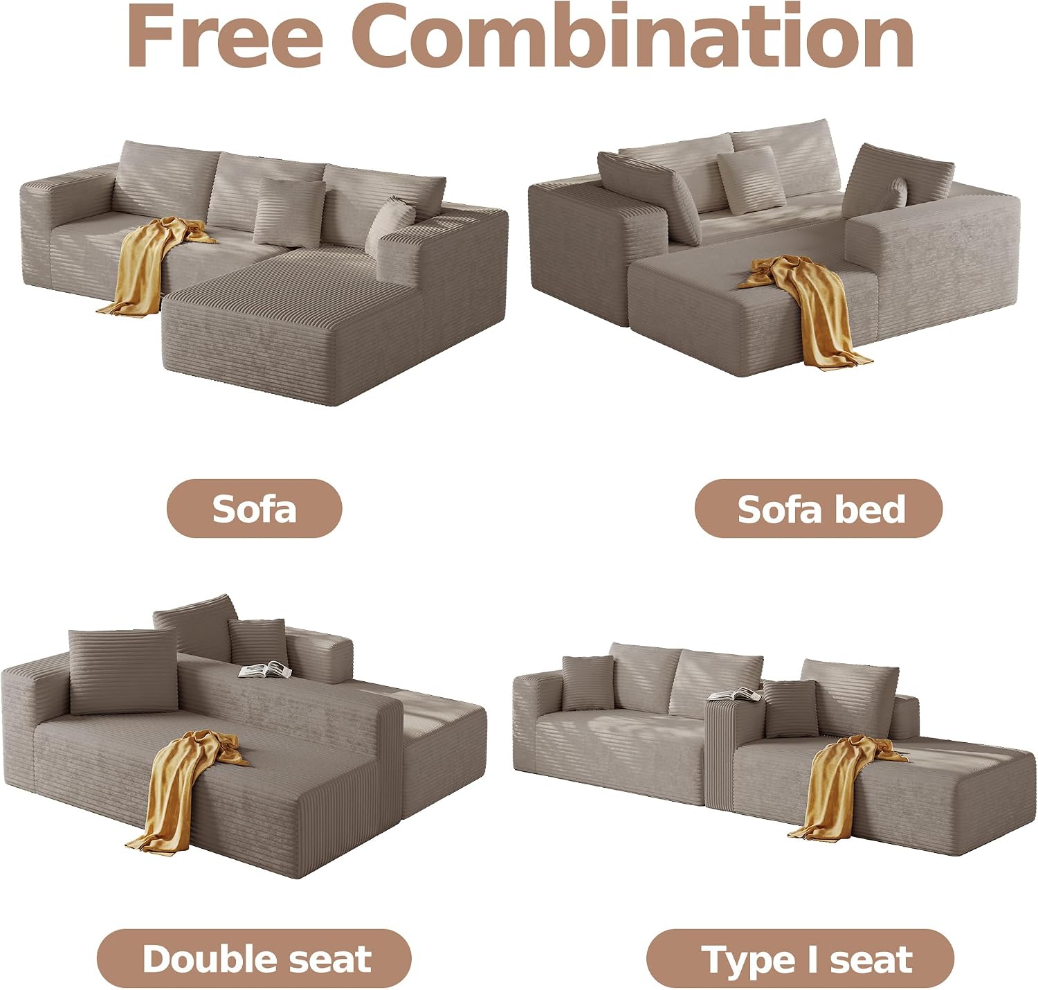 CHORRO108''Sectional Boneless Cloud Sofa,Modern Modular L-Shape Couch for Living Room,Corduroy Convertible Sponge Sleeper Sofas,Upholstered Lougne Chaise Couchs-with Soft Pillow(Camel,Right Chaise)