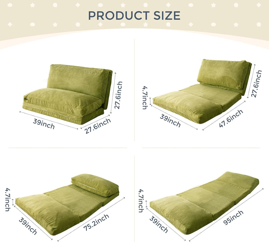 MAXYOYO Folding Sofa Bed, Extra Thick and Long Floor Sofa Convertible Sleeper Chair with Washable Cover, Floor Couch Lounge Bean Bag Bed for Living Room, Green, 39x95 Inch