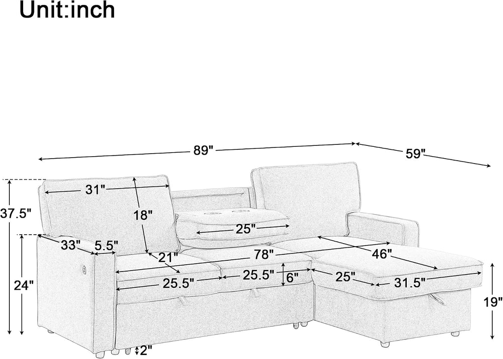Ball & Cast 89' Sleeper Sofa, L Shaped Sectional Couch with Pullout Bed & Reversible Storage Chaise,Upholstered Sofa Bed with 2 Cup Holders & USB Port,Pull Out Couch for Living Room, Apartment,Beige