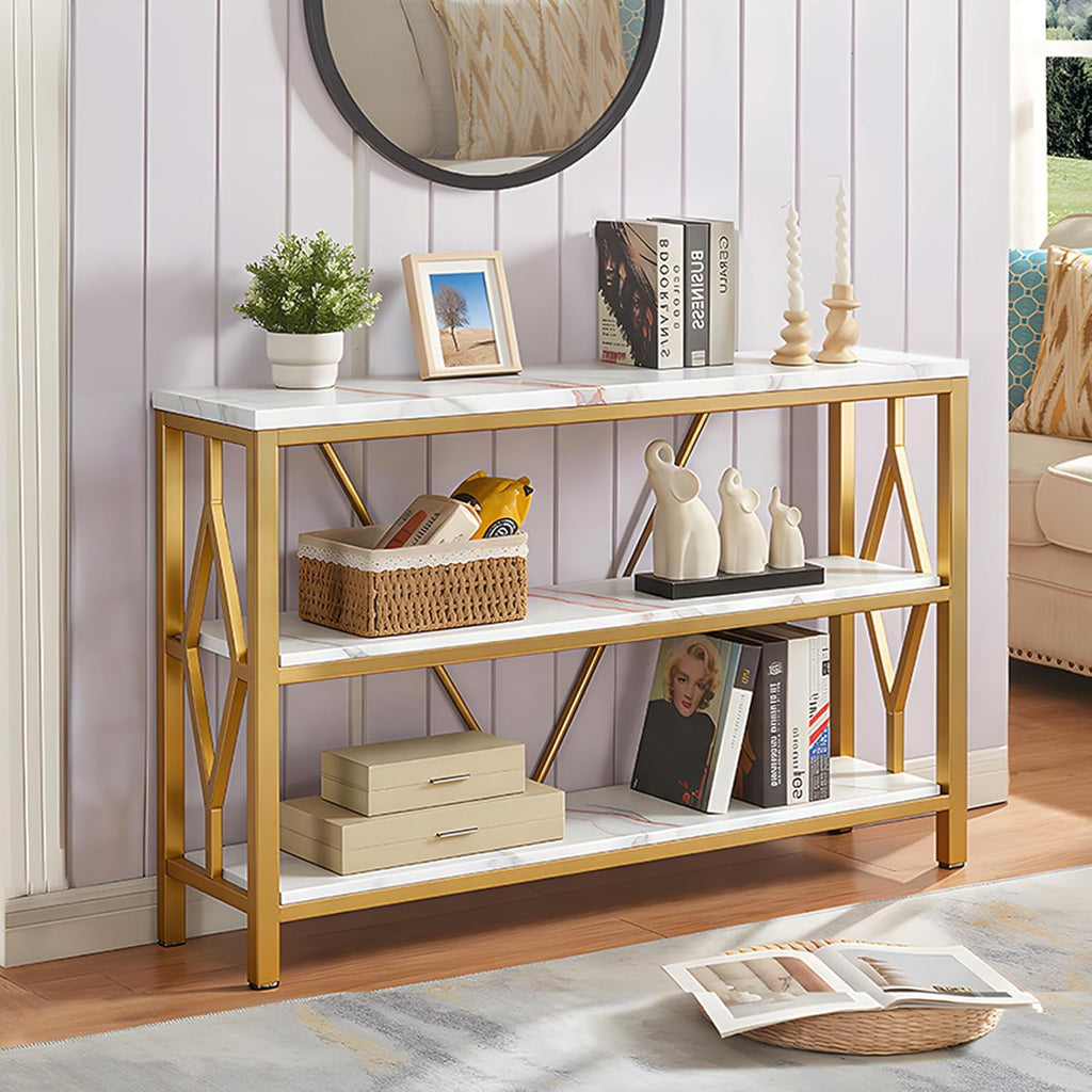 HOMISSUE Sofa Console Table, Rustic Console Table with 3-Tier Storage, Engineered Wood Sofa Tables with Open Shelves, Heavy Duty Entryway Tables for Living Room, Hallway (47 Inch, Gold)