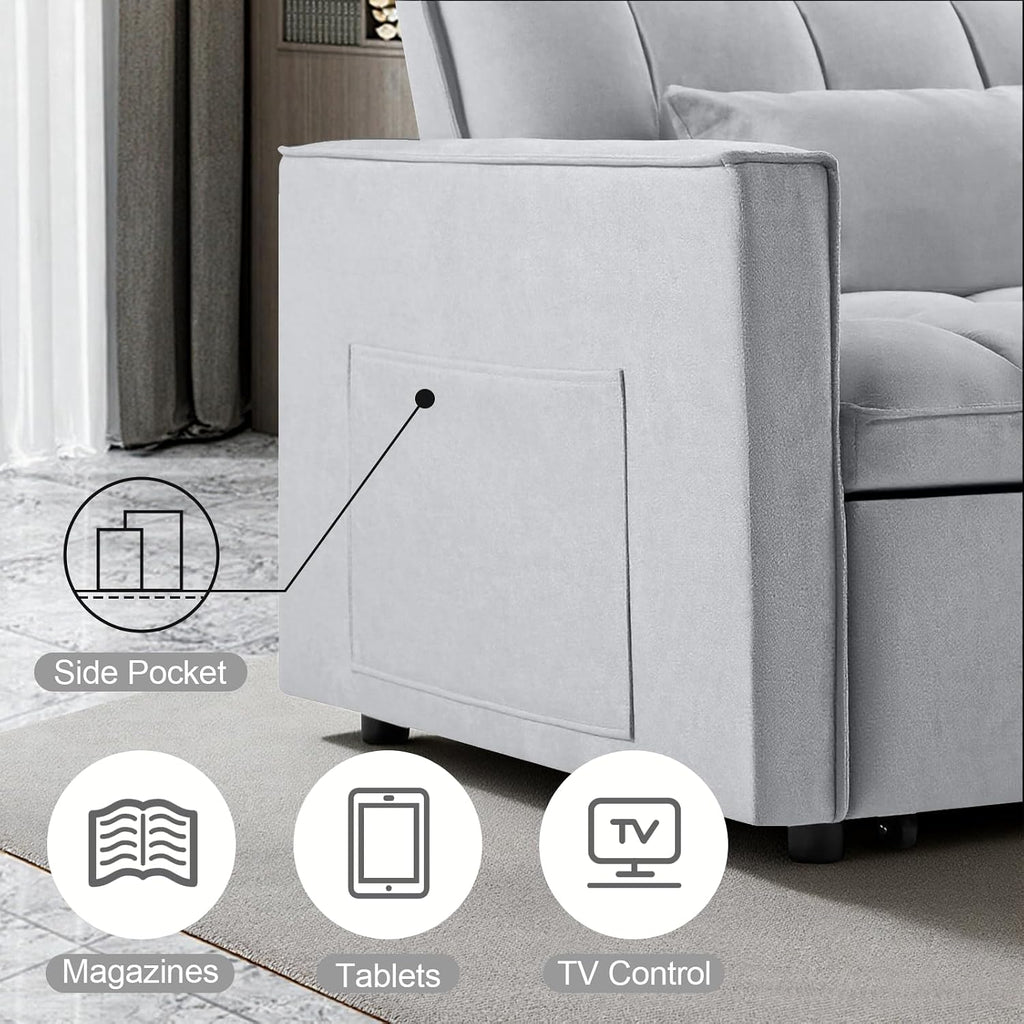 3 in 1 Convertible Sleeper Sofa Bed, 53' Pull Out Sofa Bed with 3-Level Adjustable Backrest, Velvet Fabric Loveseat Sleeper Couch for Living Room & Bedroom & Apartment & Dorm, Light Gray