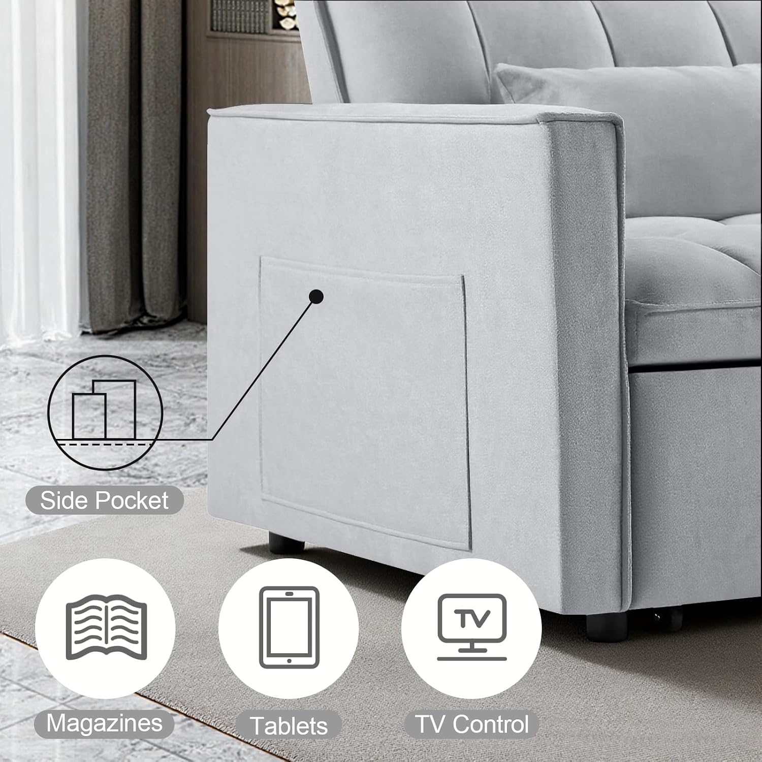 3 in 1 Convertible Sleeper Sofa Bed, 53' Pull Out Sofa Bed with 3-Level Adjustable Backrest, Velvet Fabric Loveseat Sleeper Couch for Living Room & Bedroom & Apartment & Dorm, Light Gray