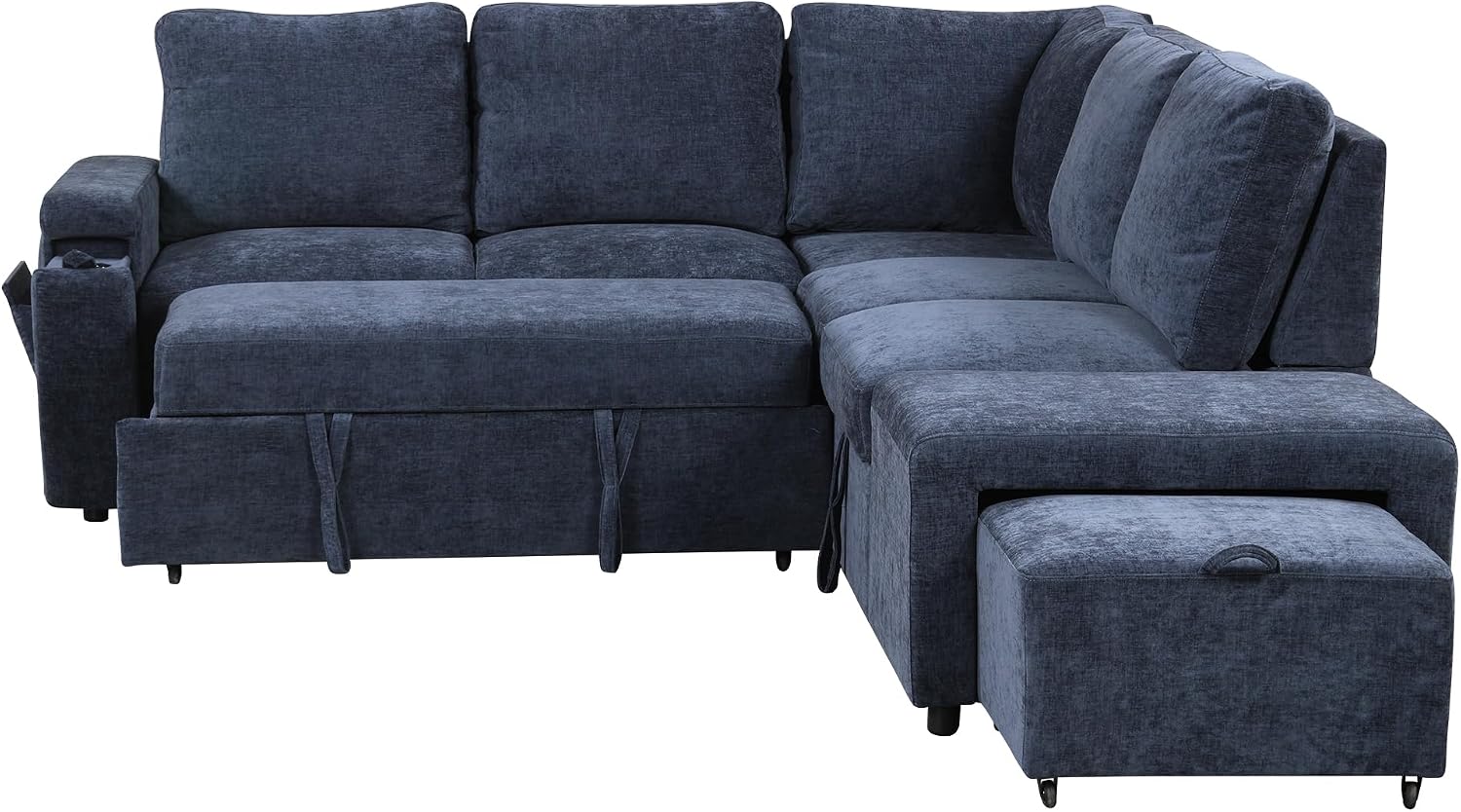 LUMISOL 90' Convertible Sleeper Sofa Bed with Pull-Out Bed & Ottoman, L-Shaped Sectional Sofa Bed with USB Ports, Cup Holders & Storage, Corner Sofa Couch with Storage Chaise for Living Room, Blue