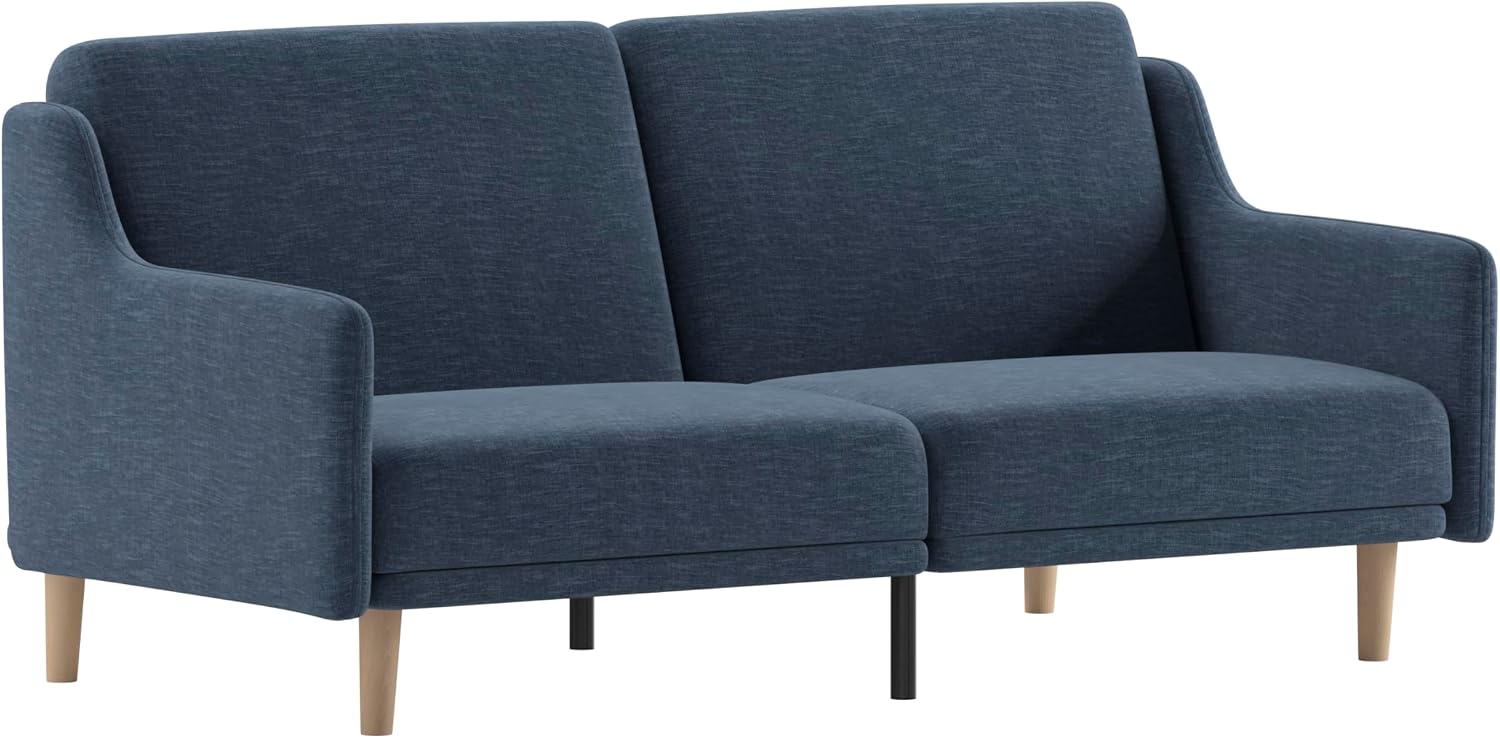 Flash Furniture Delphine Convertible Split Back Sofa Futon - Navy Faux Linen Upholstery - Solid Wood Legs - Curved Armrests - Sleeper Couch for Small Spaces