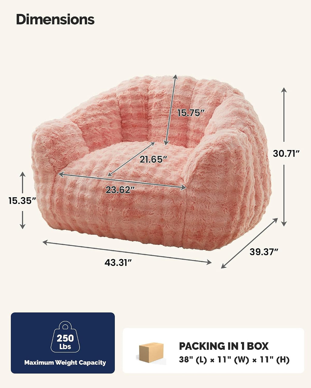KINGYES Bean Bag Chair, Giant Bean Bag Couch with Memory Foam Filled, Gaming Beanbag Chair for Adults, Bean Bag for Kids & Teen, Pink