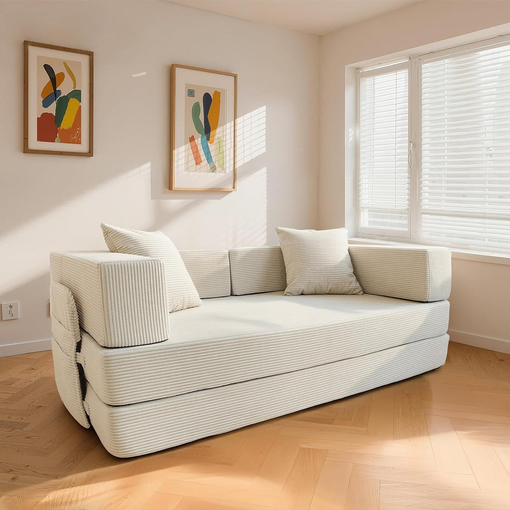 5‑in‑1 Futon Sofa Bed Queen – Floor Foldable Convertible Sofa Couch with L‑Shaped Armrests, Removable Cover, White Convertible Guest Bed | Space‑Saving Fold‑Out Mattress Lounge for Living Room/Bedroom