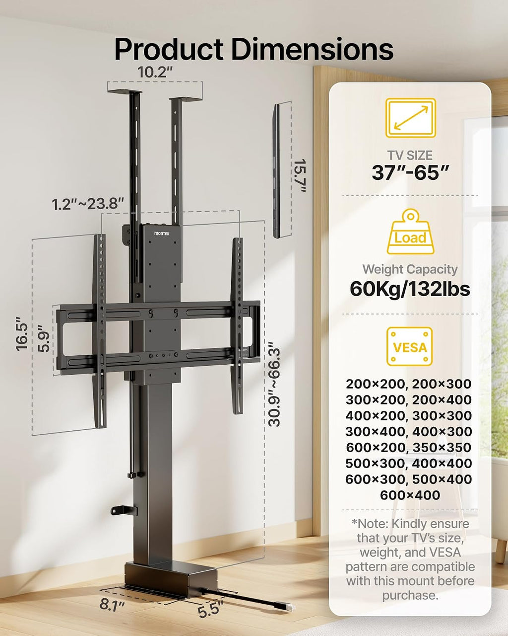 monTEK Motorized TV Lift for 37-65 inch TVs, Ceiling&Vertical TV Lift Mechanism with RF Remote, Smart Phone & Voice Control via WiFi, Up to 132lbs, 4X Load Tested, Max VESA 600 * 400