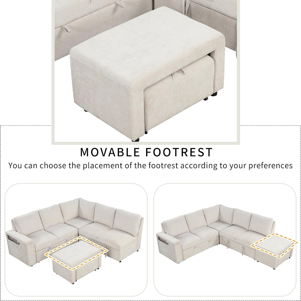 LUMISOL 90' Convertible Sleeper Sofa Bed with Pull-Out Bed & Ottoman, L-Shaped Sectional Sofa Bed with USB Ports, Cup Holders & Storage, Corner Sofa Couch with Storage Chaise for Living Room, Beige
