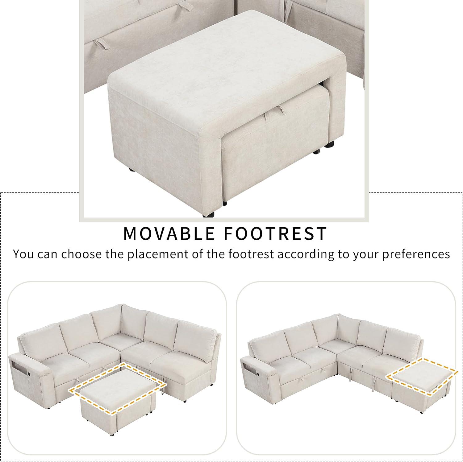 LUMISOL 90' Convertible Sleeper Sofa Bed with Pull-Out Bed & Ottoman, L-Shaped Sectional Sofa Bed with USB Ports, Cup Holders & Storage, Corner Sofa Couch with Storage Chaise for Living Room, Beige