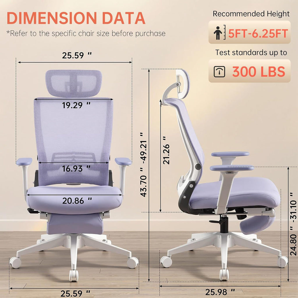 Foldable Office Chair with Foot Rest, Ergonomic Office Chair with Adjustable Lumbar Support, Headrest, Armrest, Home Office Desk Chair for Space Saving, Work from Home, Purple