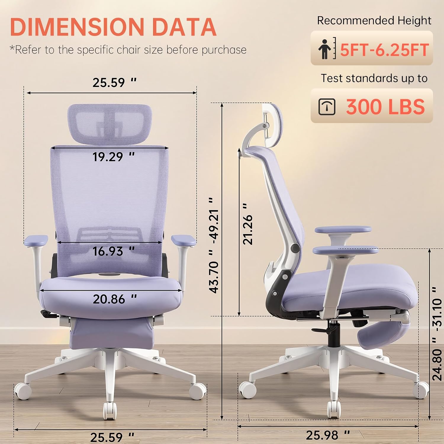 Foldable Office Chair with Foot Rest, Ergonomic Office Chair with Adjustable Lumbar Support, Headrest, Armrest, Home Office Desk Chair for Space Saving, Work from Home, Purple