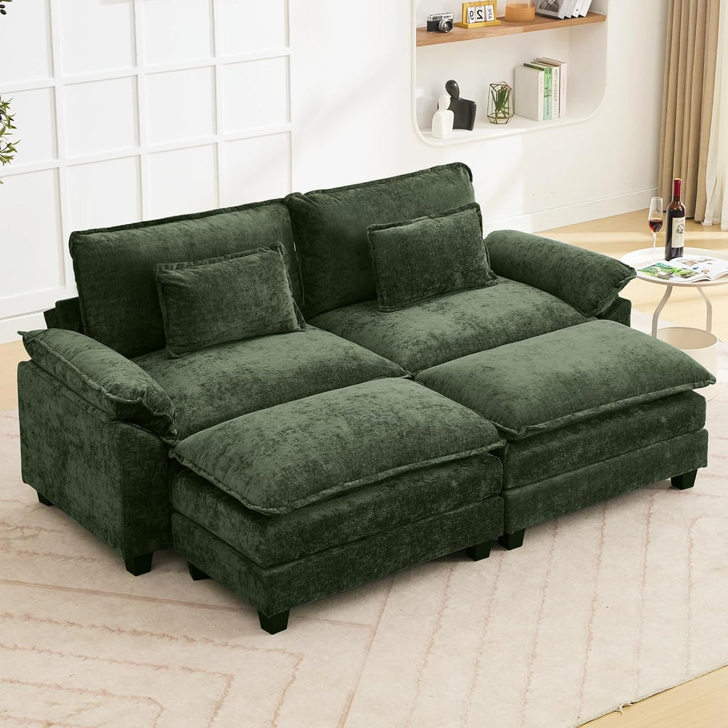 Oprisen 86' Modular Sectional Sofa, Comfy Cloud Couch Sectional Sofa with Ottoman, Chenille Sofa Sleeper Deep Seat Sofa with Throw Pillows for Living Room (Green)