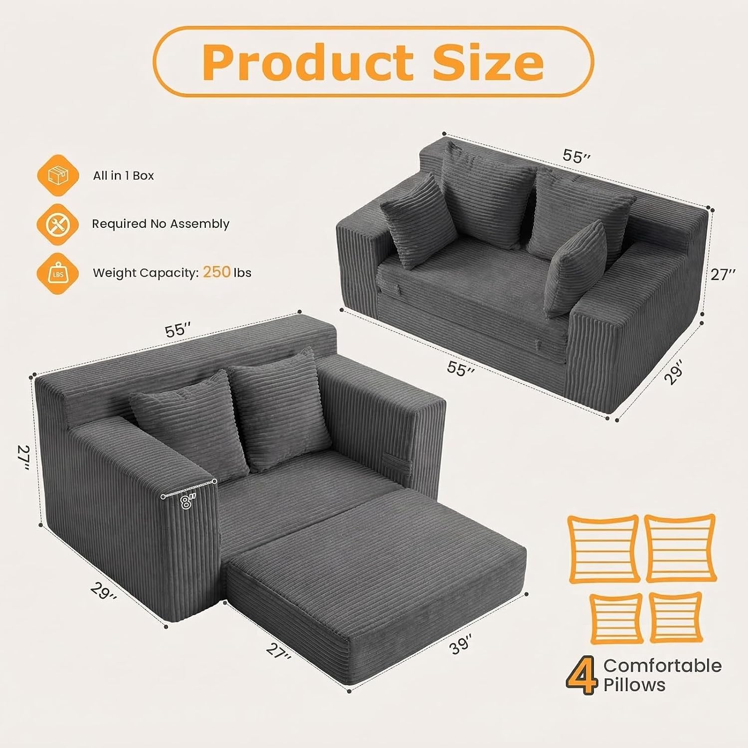 Winzon Boneless Loveseat, 3 in 1 Convertible Sofa Bed Sleeper Sofa Floor Futon Bed with 4 Pillows, 55' Grey Boneless Couch for Living Room, Guest Room, Small Space, No Assembly Required, Corduroy