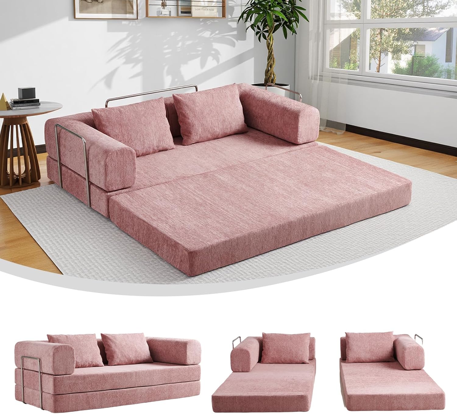 5-in-1 Convertible Folding Sofa Bed, 79' Queen Chenille Boneless Couch with Removable Armrests, No Assembly Loveseat Sleeper Sofa, Modular Futon Couch for Living Room & Bedroom (Pink)