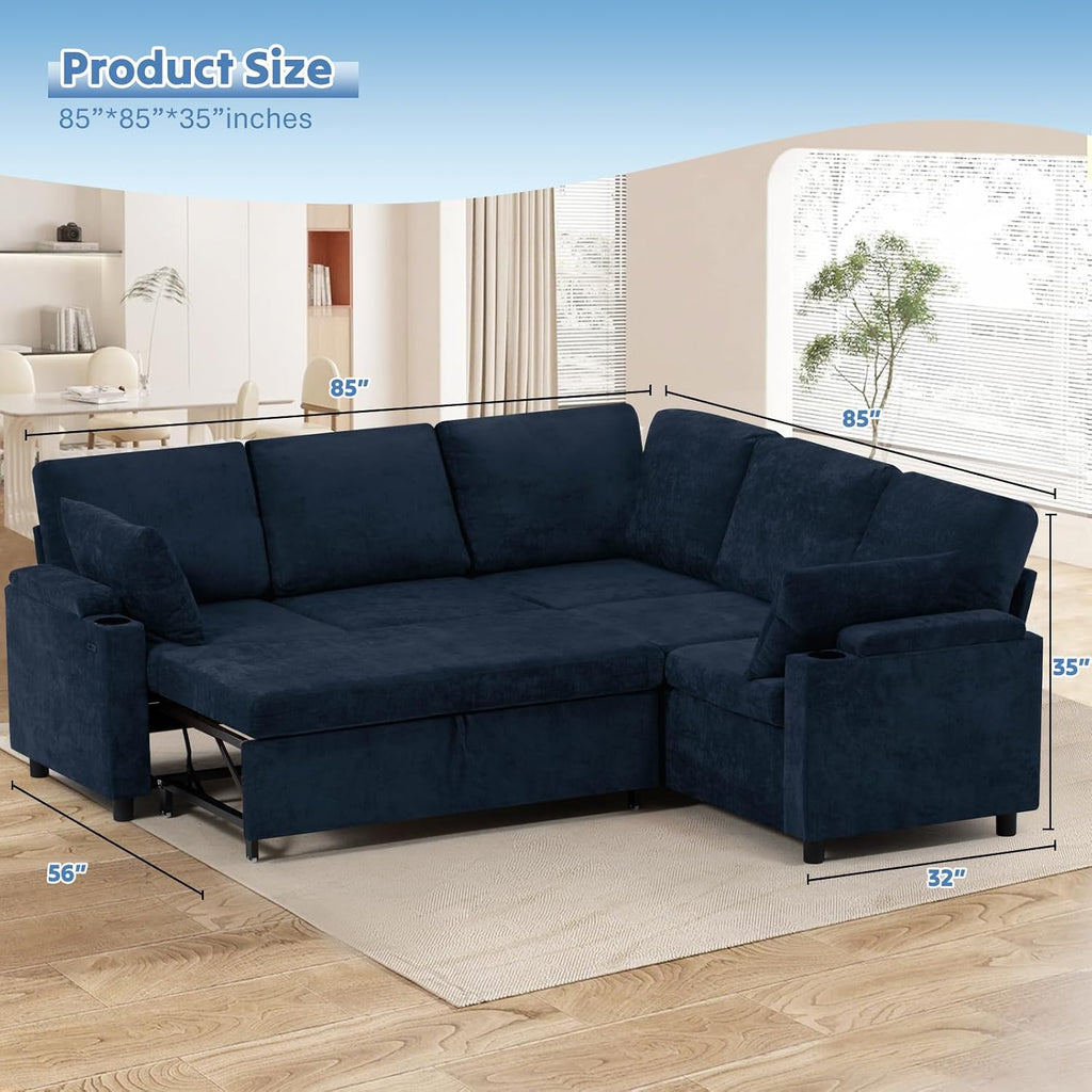 85' Chenille Reversible Sectional Sofa w/Pull-Out Bed, Upholstery L-Shaped Couch w/Storage Armrests & Cup Holders, Modern Corner Sofa w/USB Charging Port & Throw Pillow for Living Room, Blue