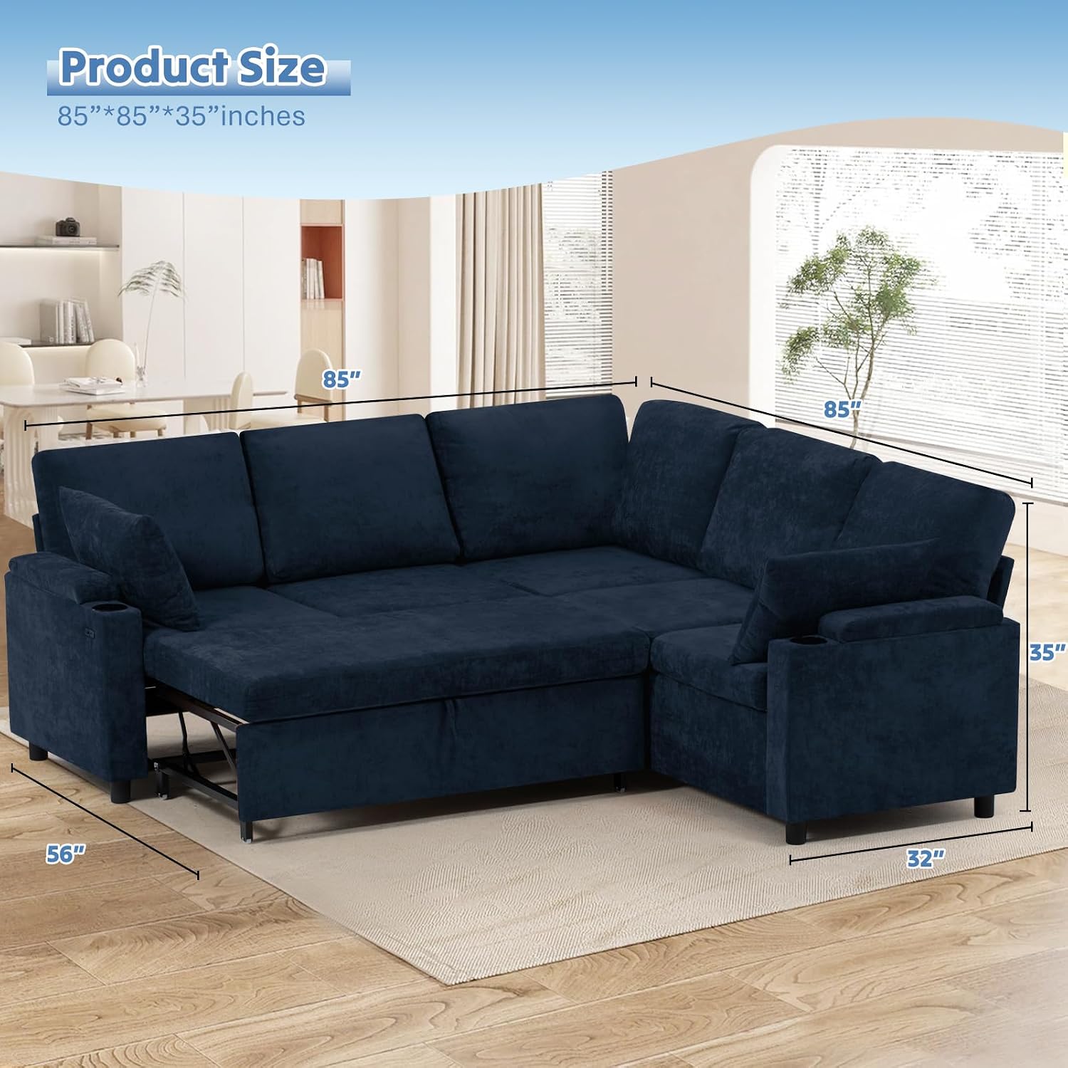 85' Chenille Reversible Sectional Sofa w/Pull-Out Bed, Upholstery L-Shaped Couch w/Storage Armrests & Cup Holders, Modern Corner Sofa w/USB Charging Port & Throw Pillow for Living Room, Blue