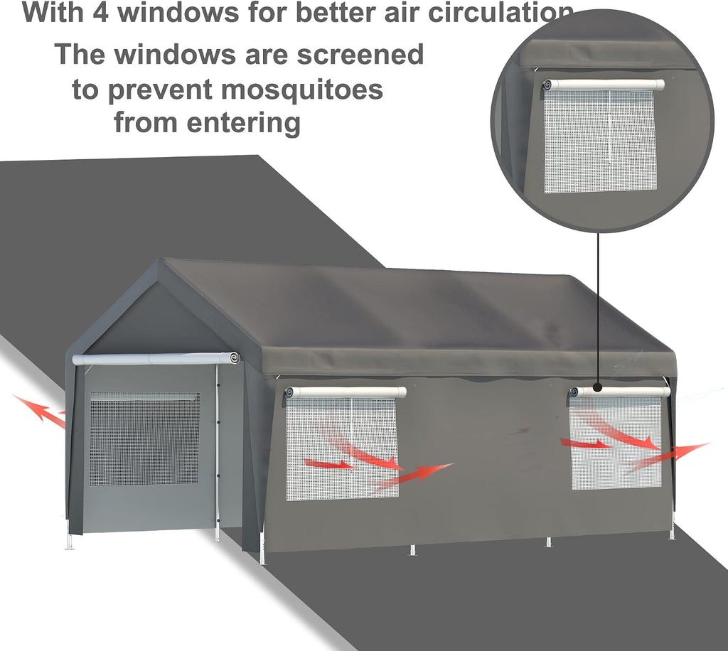 Carport 10x20ft Car Canopy with Transparent Roll-up Windows, Removable Sidewalls & Doors,Portable Garage for Car, Truck, Boat, Car Canopy, Grey