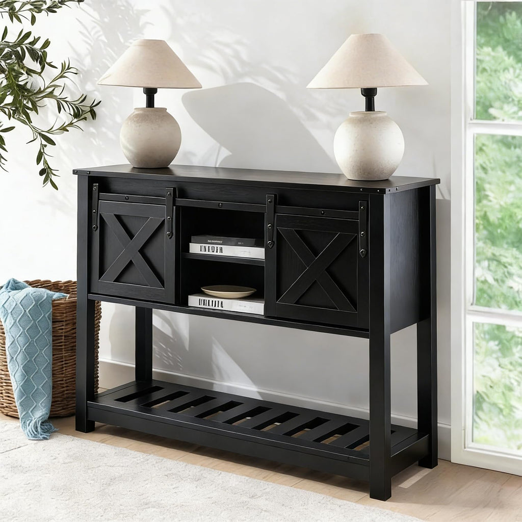 Black Farmhouse Entryway Table, Rustic Hallway Table with Storage Shelf, Sofa Table with Sliding Barn Doors for Hallway, Entryway, Living Room, Foyer
