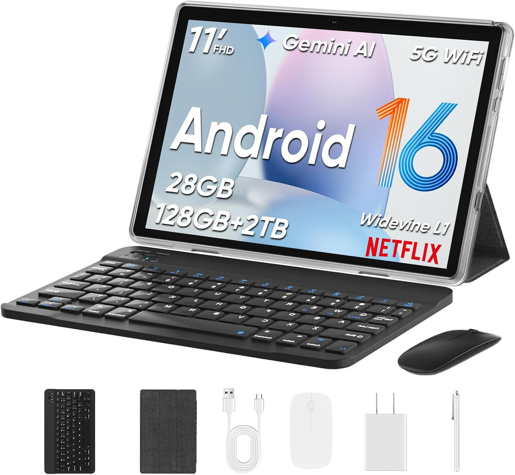 TUOHAITIME 2026 Upgraded Android 16 Tablet, 11 inch Android Tablets,28GB+128GB+1TB Expand, Support Face Unlock+18W Fast Charging, Octa-Core CPU,Dual WiFi6, Dual Cameras,8000mAh Battery, Black