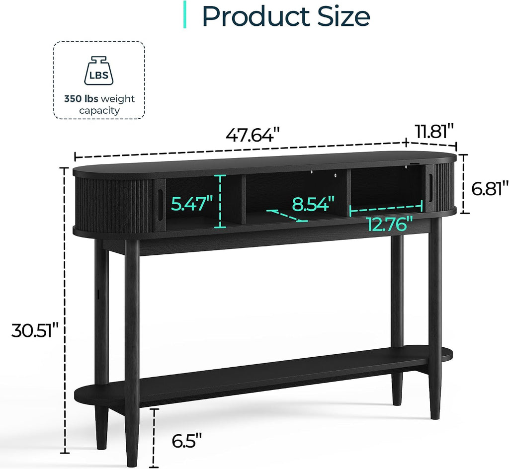 LINSY Fluted Console Table with Storage, Entryway Table Wood Entrance Tables for Front Door, Behind Couch Sofa Table with Shelves, Foyer Tables for Hallways, Living Room (Black)