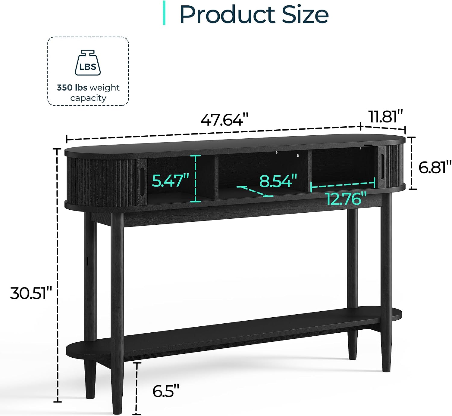 LINSY Fluted Console Table with Storage, Entryway Table Wood Entrance Tables for Front Door, Behind Couch Sofa Table with Shelves, Foyer Tables for Hallways, Living Room (Black)