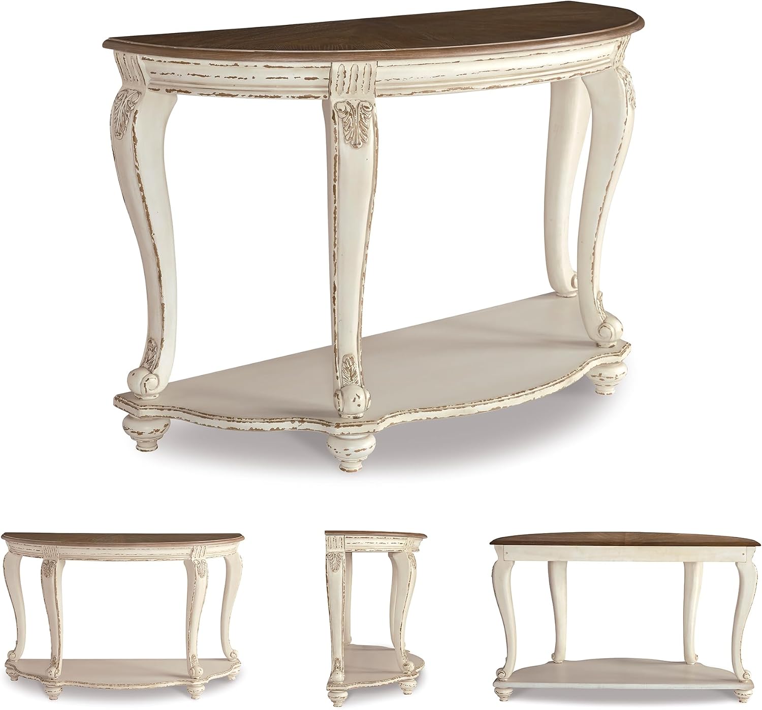 Signature Design by Ashley Realyn French Country Semi-Circle Console Table, White & Brown
