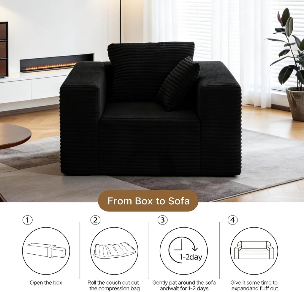 Single Cloud Sofa, High Backrest Wider Armrest Memory Foam Boneless Couch, Comfy Faux Fur Pillowed Single Seater No Assembly for Small Spaces Bedroom Dorm Office（Black）