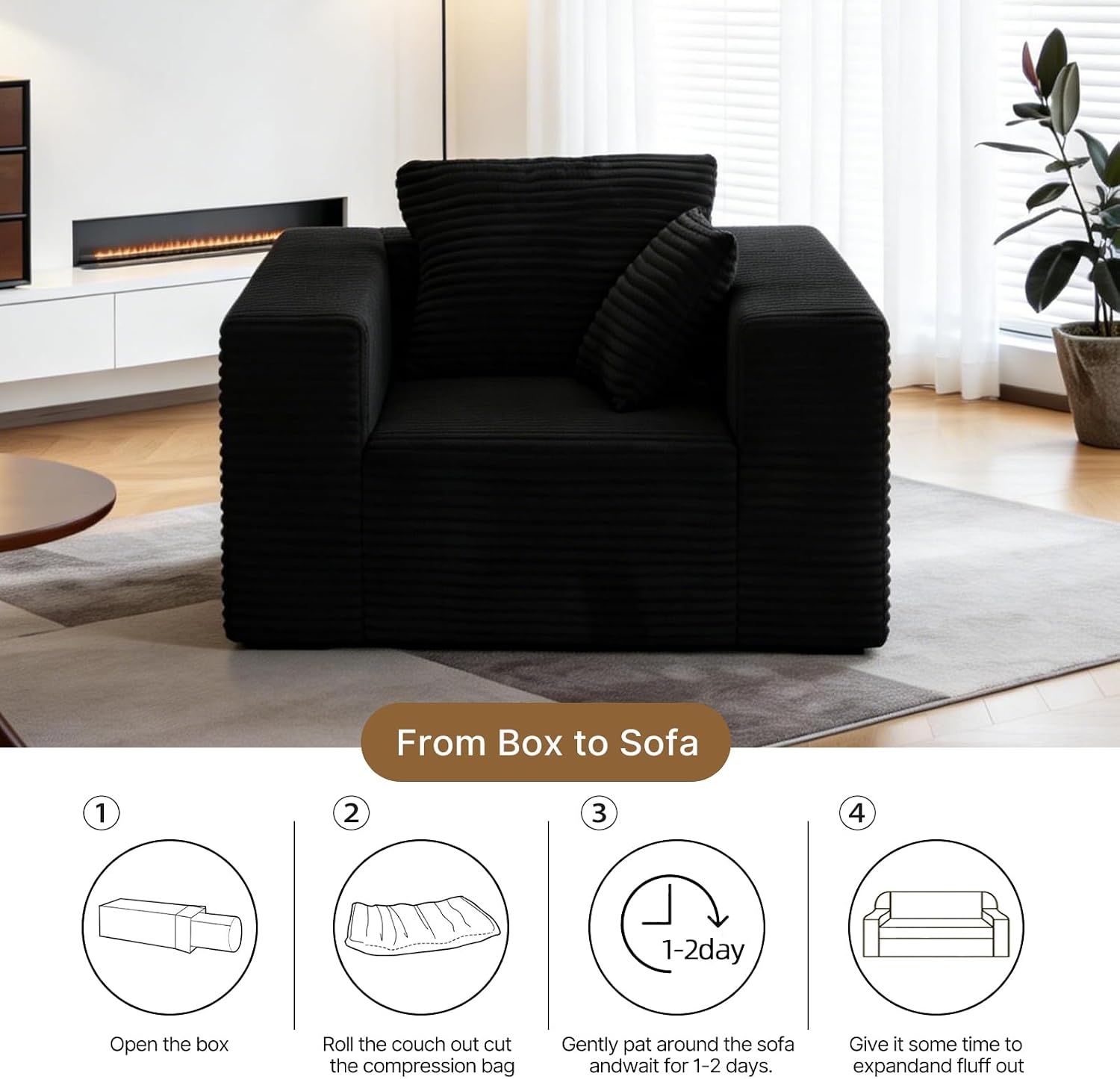 Single Cloud Sofa, High Backrest Wider Armrest Memory Foam Boneless Couch, Comfy Faux Fur Pillowed Single Seater No Assembly for Small Spaces Bedroom Dorm Office（Black）