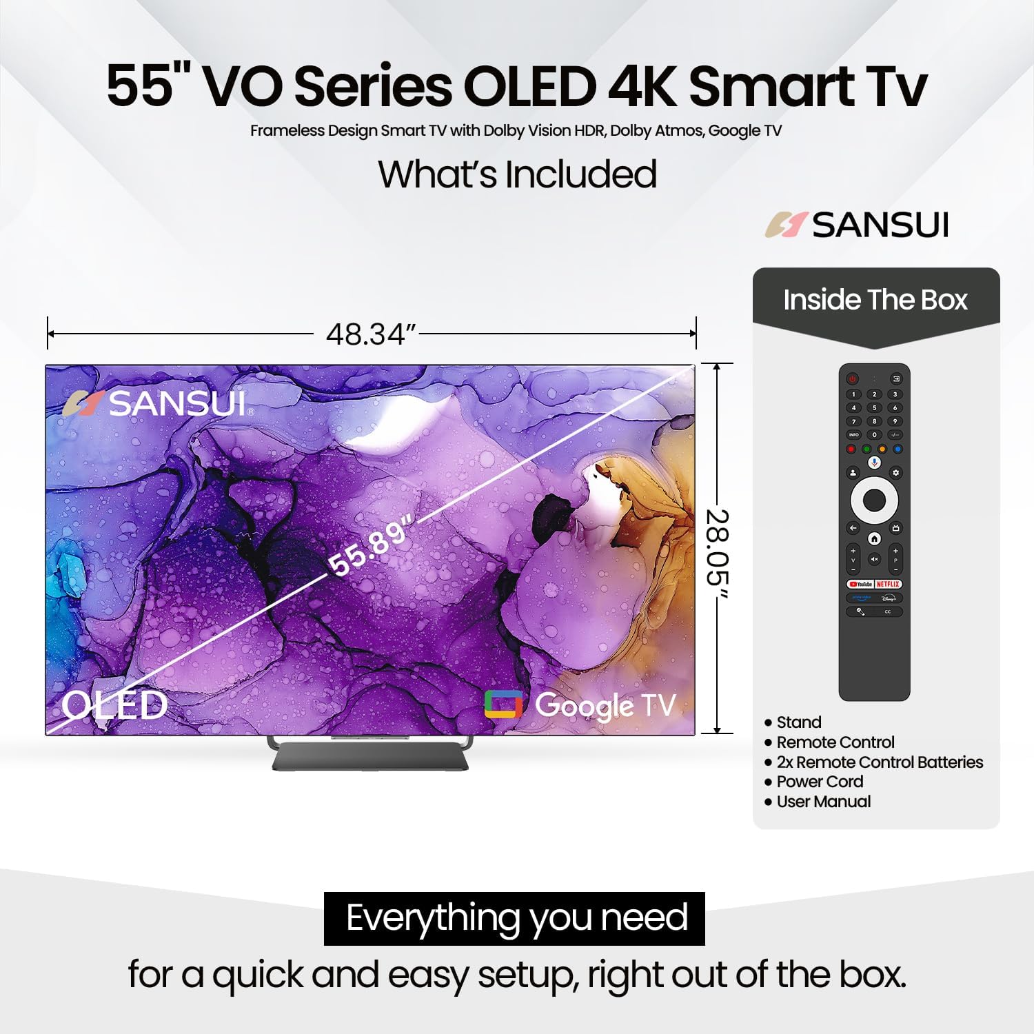 SANSUI 55' OLED 4K Ultra HD Smart TV with 120Hz Refresh Rate, AI-Powered Karaoke, Dolby Vision, Dolby Atmos, Google TV