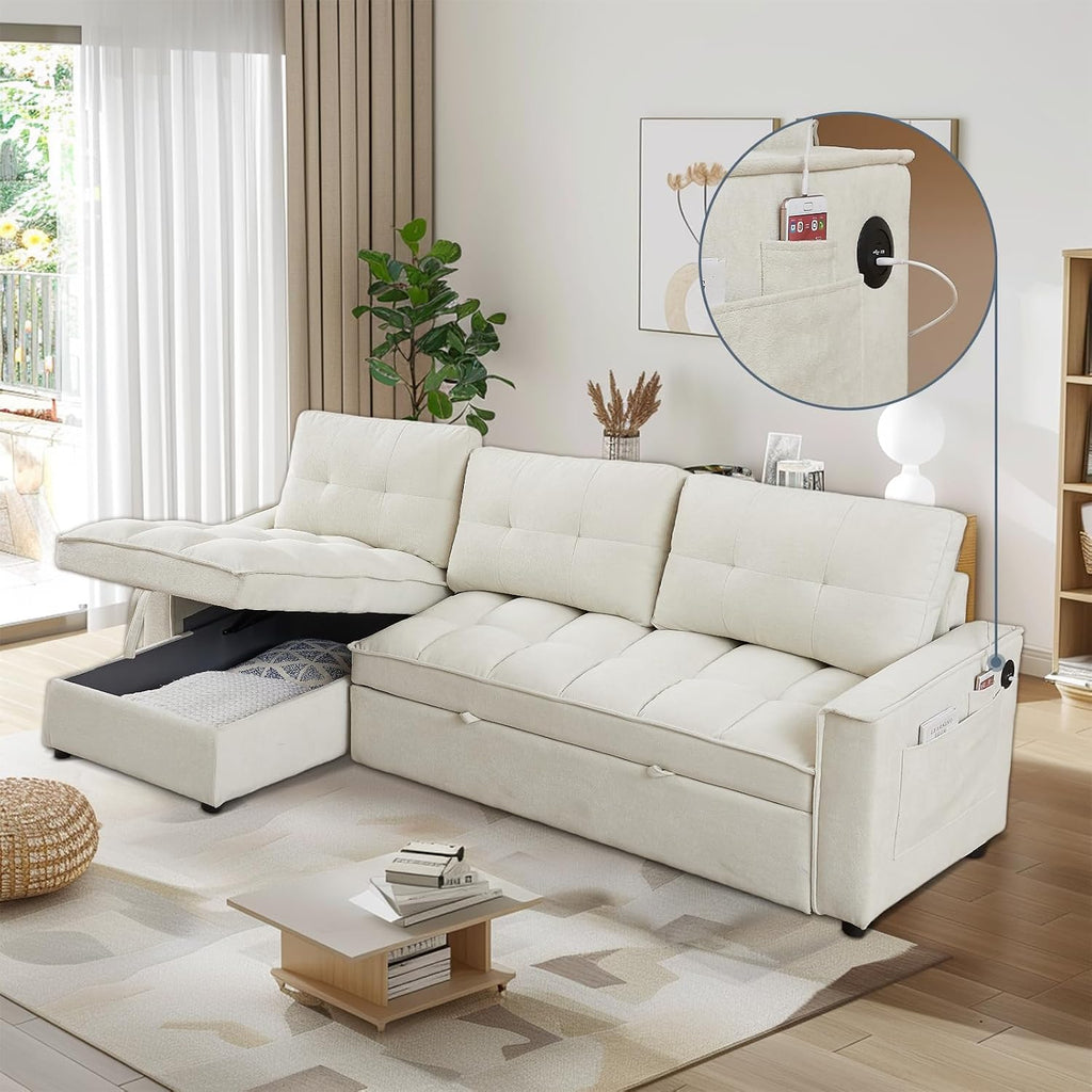 78.75' Sleeper Sofa Couch,Modern L-Shaped Couches, Pull Out Couch with USB Ports&Side Pocket,Sleeper Sectional Sofa for Living Room Apartment,Chenille(Beige)