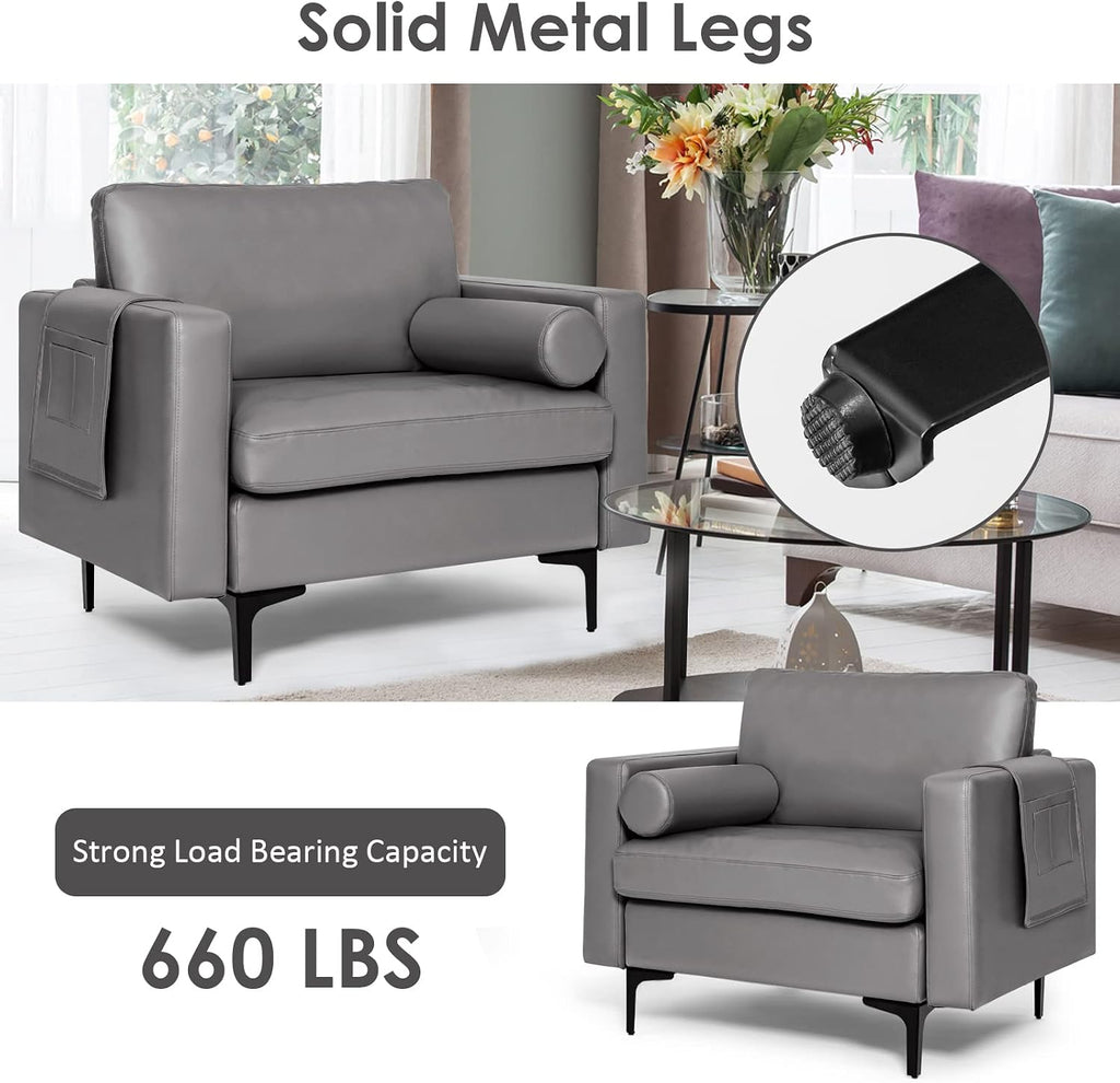 Giantex Single Sofa, Accent Chair, Armchair w/Comfy Cushion Bolster, Armrest Magazine Caddy Pockets, Living Room Upholstered Leisure Chair for Bedroom Reception Room Dark Grey