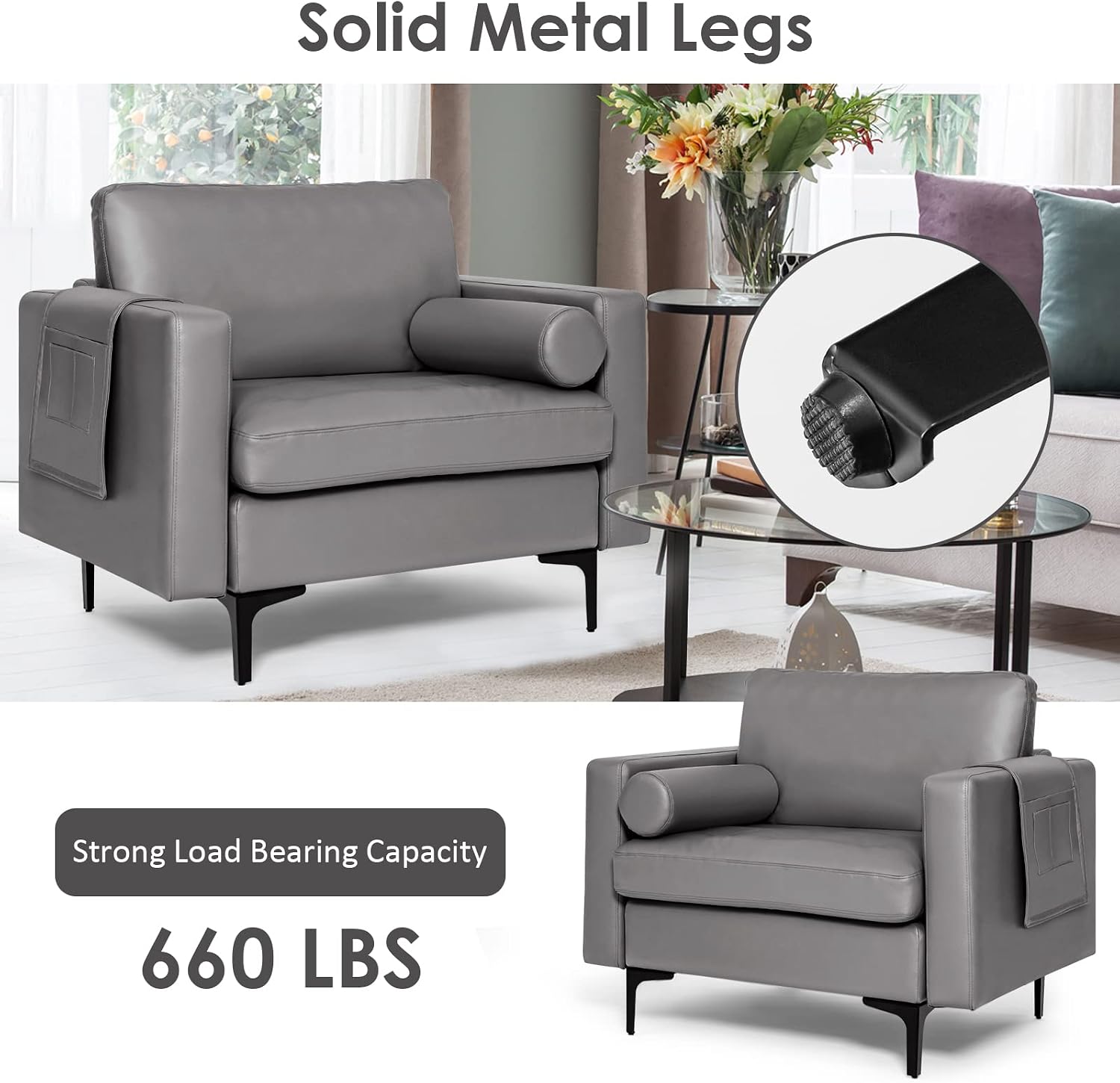 Giantex Single Sofa, Accent Chair, Armchair w/Comfy Cushion Bolster, Armrest Magazine Caddy Pockets, Living Room Upholstered Leisure Chair for Bedroom Reception Room Dark Grey