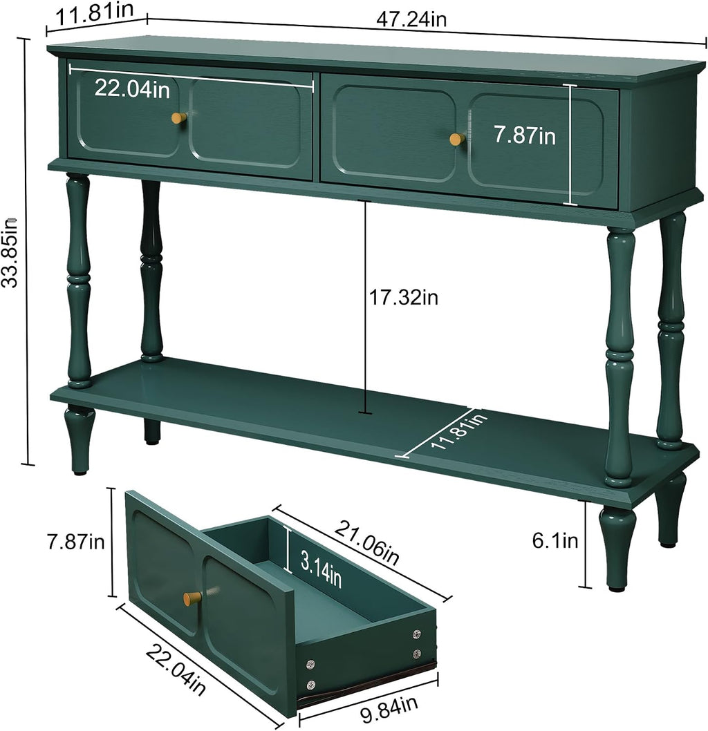 ARTPOWER Mid-Century Console Table for Entryway with 2 Drawers, Green Entryway Table with Storage Cabinets and Open Shelf, Narrow Long Couch Table Behind Sofa for Living Room, Foyer, Hallway
