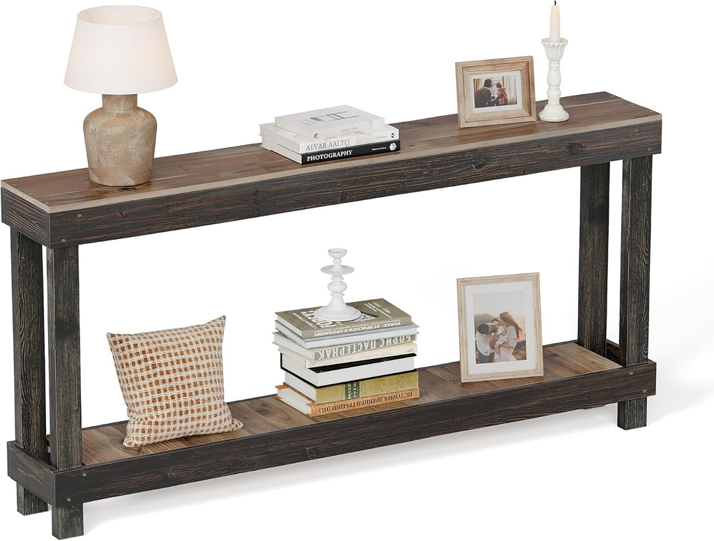 Rustic Farmhouse Console Table with 2 Tiers - Distressed Reclaimed Wood Entryway Sofa Table, Narrow Long Behind Couch Table for Living Room & Bedroom,60x30x10 Inch,Black