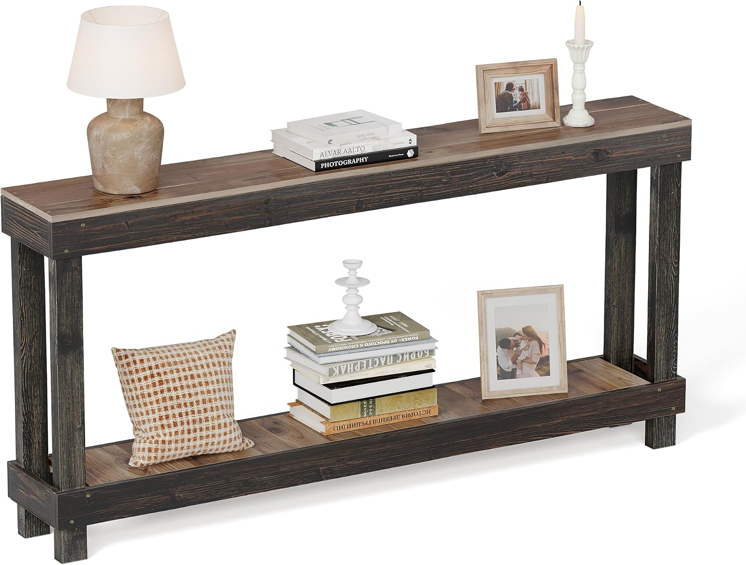 Rustic Farmhouse Console Table with 2 Tiers - Distressed Reclaimed Wood Entryway Sofa Table, Narrow Long Behind Couch Table for Living Room & Bedroom,60x30x10 Inch,Black