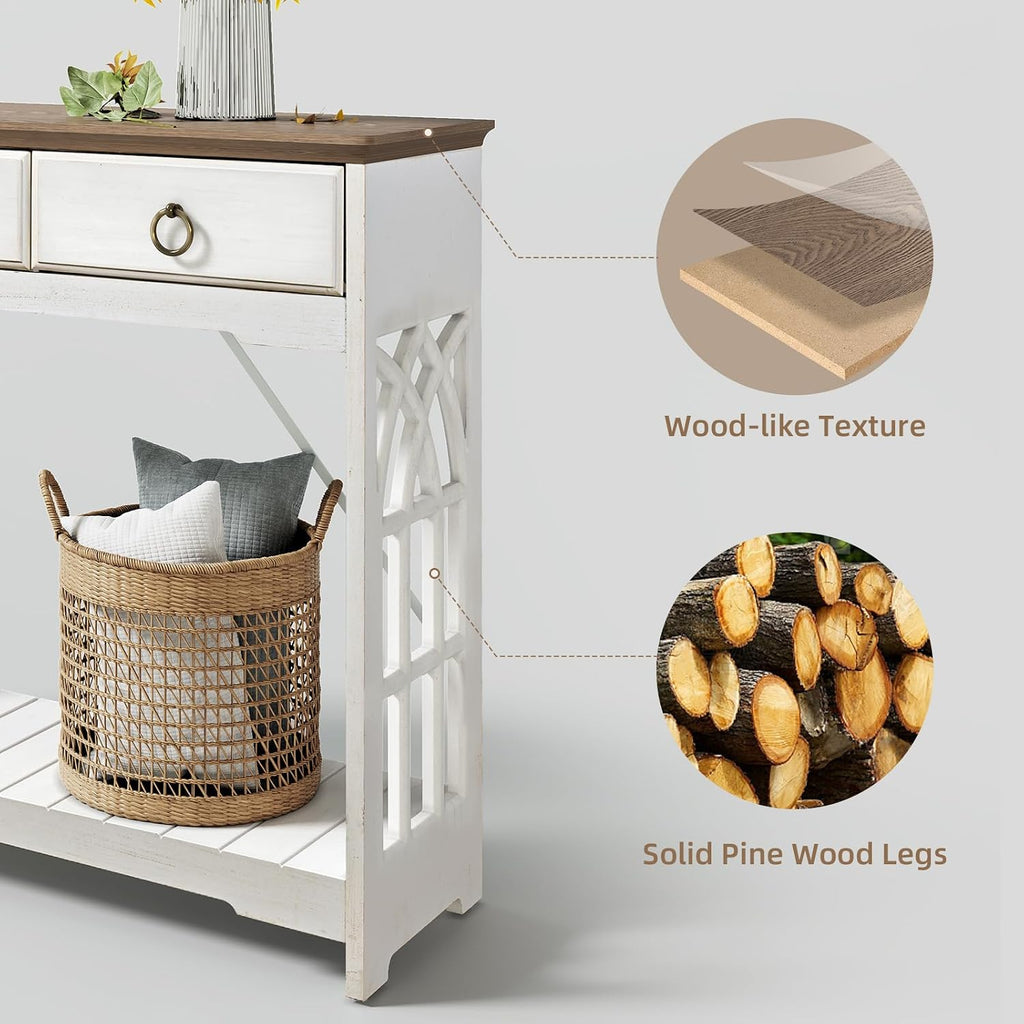 JOINICE,43' Console Tables with Drawers,Farmhouse Entryway Table with Shelf and Solid Wood Legs,Narrow Long Rustic Vintage Sofa Foyer Tables for Entryway,White