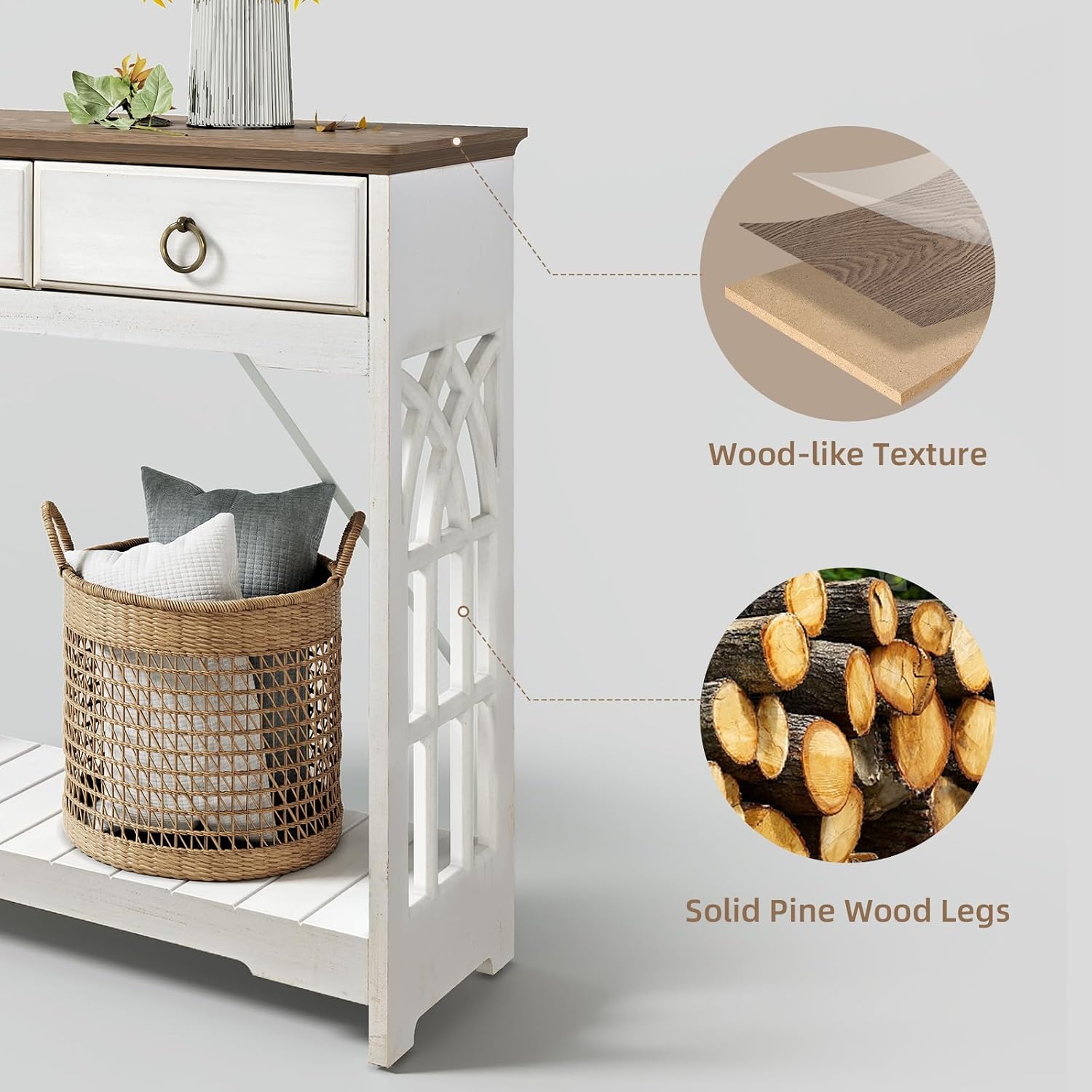 JOINICE,43' Console Tables with Drawers,Farmhouse Entryway Table with Shelf and Solid Wood Legs,Narrow Long Rustic Vintage Sofa Foyer Tables for Entryway,White
