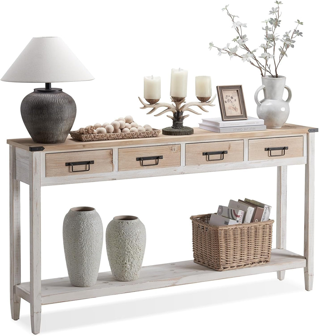 RUSTOWN Farmhouse Console Table with 4 Drawer, 60' Long Rustic Entryway Table with Open Storage Shelves and Handmade Metal Handle, Narrow Foyer Sofa Table for Living Room, Entryway, Hallway(White)