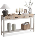 RUSTOWN Farmhouse Console Table with 4 Drawer, 60' Long Rustic Entryway Table with Open Storage Shelves and Handmade Metal Handle, Narrow Foyer Sofa Table for Living Room, Entryway, Hallway(White)