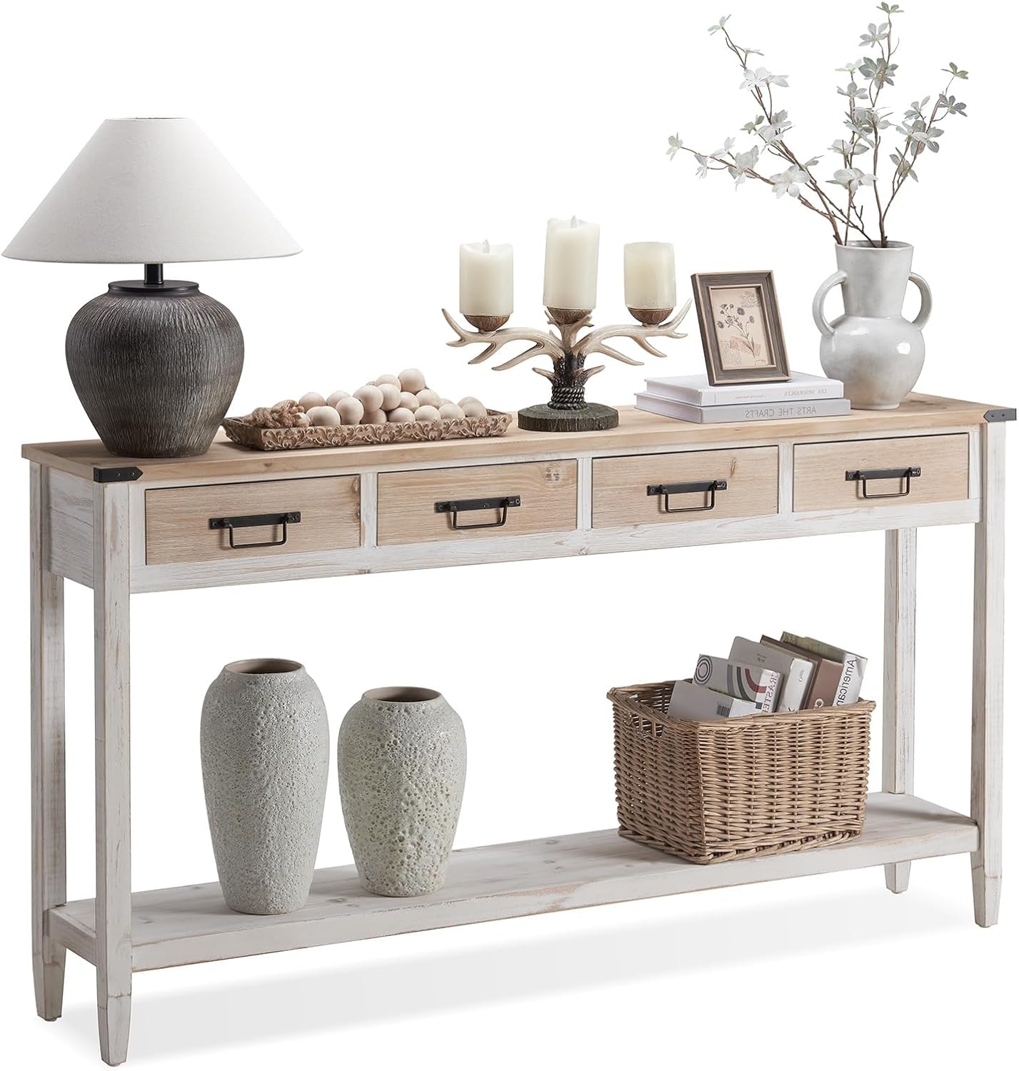 RUSTOWN Farmhouse Console Table with 4 Drawer, 60' Long Rustic Entryway Table with Open Storage Shelves and Handmade Metal Handle, Narrow Foyer Sofa Table for Living Room, Entryway, Hallway(White)