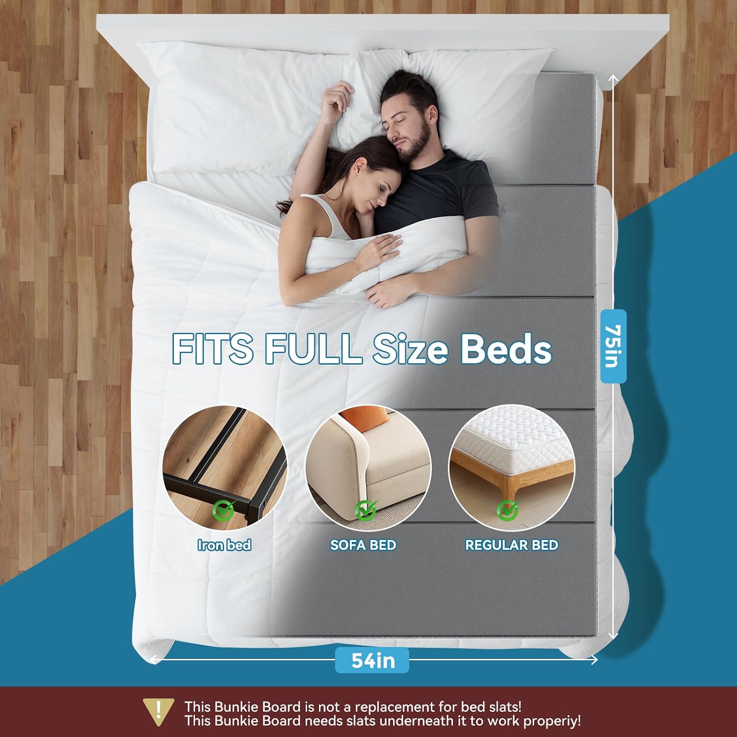 Bunkie Board Full Size 54'x75' Bed Boards for Under Mattress - Heavy Duty Reinforced Wood Support Board with Anti-Sag Design, Fits Metal Frames/Platform Beds/Sleeper Sofas
